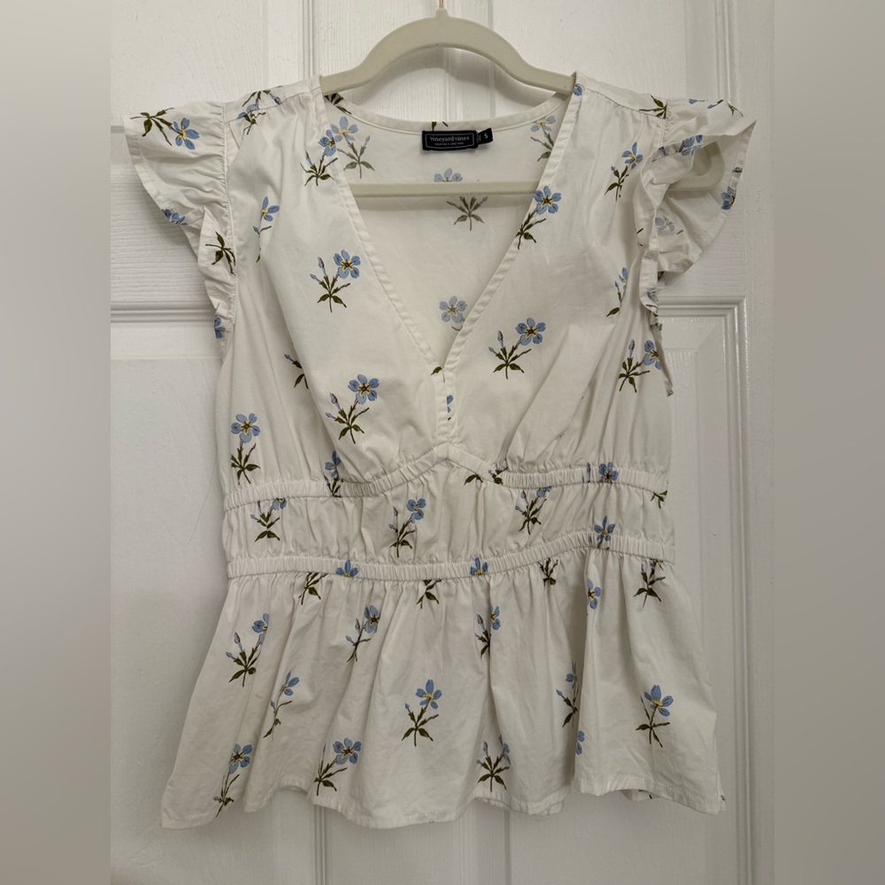 Vineyard Vines White Dress with Blue Floral Pattern